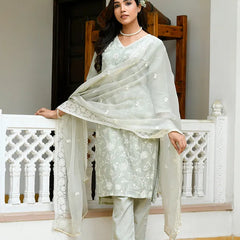 Women linen embroidered solid kurta set with solid pants & chiffon embroidered dupatta (Set of 5 Pc)