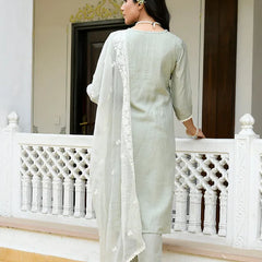 Women linen embroidered solid kurta set with solid pants & chiffon embroidered dupatta (Set of 5 Pc)