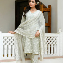 Women linen embroidered solid kurta set with solid pants & chiffon embroidered dupatta (Set of 5 Pc)
