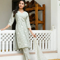 Women linen embroidered solid kurta set with solid pants & chiffon embroidered dupatta (Set of 5 Pc)