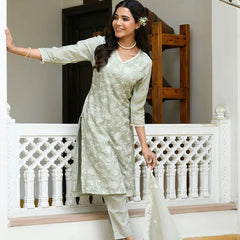 Women linen embroidered solid kurta set with solid pants & chiffon embroidered dupatta (Set of 5 Pc)