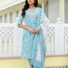 Women Tissue Linen Embroidered Solid Kurta Set With Solid Pants & Printed Dupatta (Set of 5 Pc)
