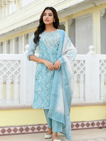 Women Tissue Linen Embroidered Solid Kurta Set With Solid Pants & Printed Dupatta (Set of 5 Pc)