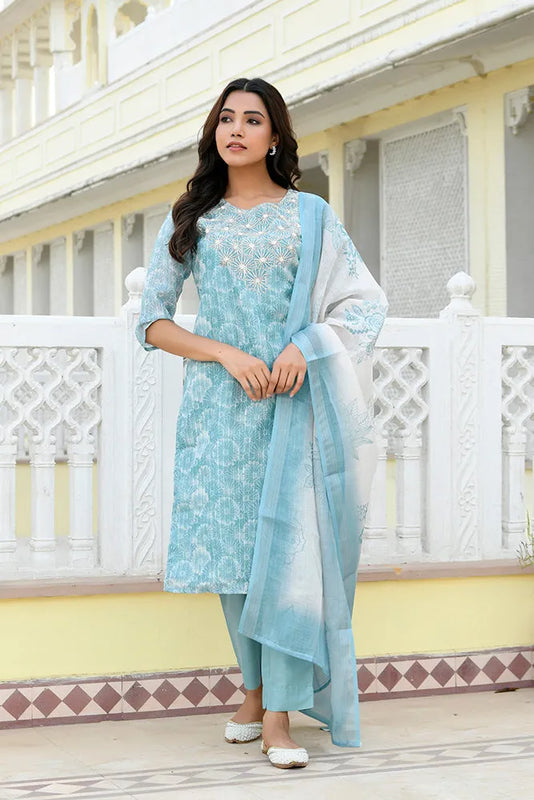 Women Tissue Linen Embroidered Solid Kurta Set With Solid Pants & Printed Dupatta (Set of 5 Pc)