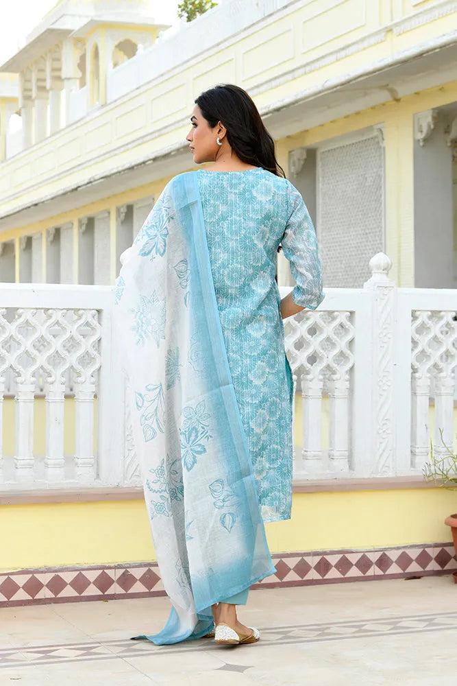Women Tissue Linen Embroidered Solid Kurta Set With Solid Pants & Printed Dupatta (Set of 5 Pc)