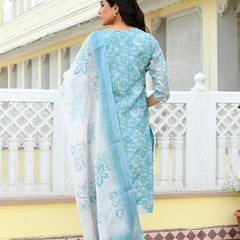 Women Tissue Linen Embroidered Solid Kurta Set With Solid Pants & Printed Dupatta (Set of 5 Pc)
