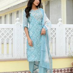 Women Tissue Linen Embroidered Solid Kurta Set With Solid Pants & Printed Dupatta (Set of 5 Pc)