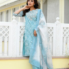 Women Tissue Linen Embroidered Solid Kurta Set With Solid Pants & Printed Dupatta (Set of 5 Pc)