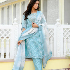 Women Tissue Linen Embroidered Solid Kurta Set With Solid Pants & Printed Dupatta (Set of 5 Pc)