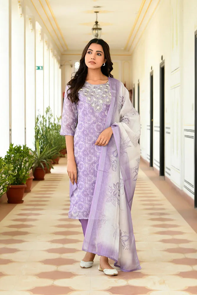 Women Tissue Linen Embroidered Solid Kurta Set With Solid Pants & Printed Dupatta (Set of 5 Pc)
