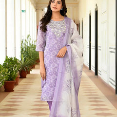 Women Tissue Linen Embroidered Solid Kurta Set With Solid Pants & Printed Dupatta (Set of 5 Pc)