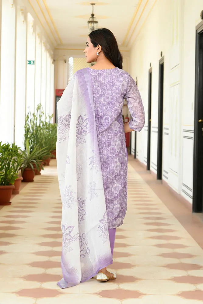 Women Tissue Linen Embroidered Solid Kurta Set With Solid Pants & Printed Dupatta (Set of 5 Pc)