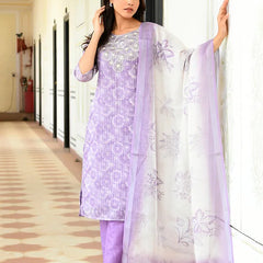Women Tissue Linen Embroidered Solid Kurta Set With Solid Pants & Printed Dupatta (Set of 5 Pc)