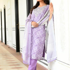 Women Tissue Linen Embroidered Solid Kurta Set With Solid Pants & Printed Dupatta (Set of 5 Pc)