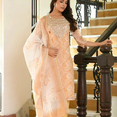Women Tissue Linen Embroidered Solid Kurta Set With Solid Pants & Printed Dupatta (Set of 5 Pc)