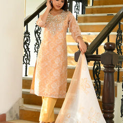 Women Tissue Linen Embroidered Solid Kurta Set With Solid Pants & Printed Dupatta (Set of 5 Pc)