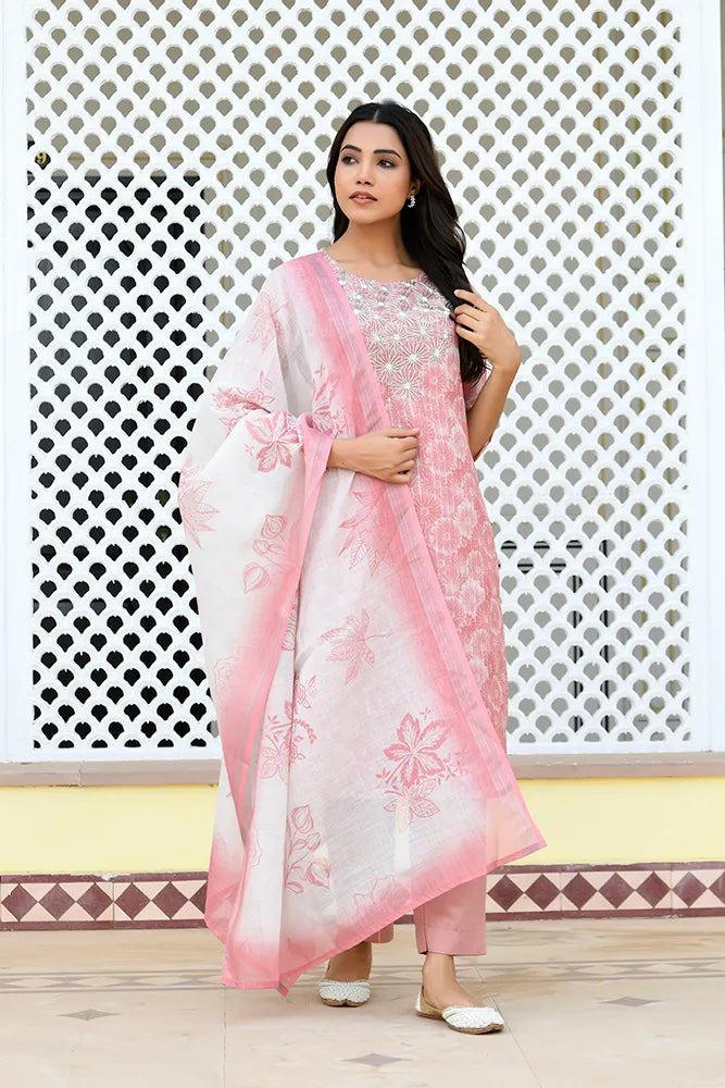 Women Tissue Linen Embroidered Solid Kurta Set With Solid Pants & Printed Dupatta (Set of 5 Pc)