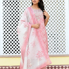 Women Tissue Linen Embroidered Solid Kurta Set With Solid Pants & Printed Dupatta (Set of 5 Pc)