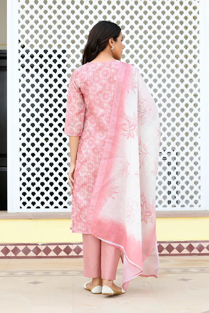 Women Tissue Linen Embroidered Solid Kurta Set With Solid Pants & Printed Dupatta (Set of 5 Pc)
