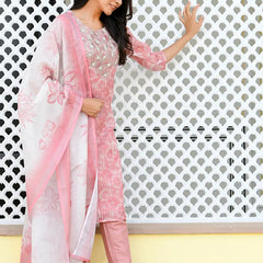 Women Tissue Linen Embroidered Solid Kurta Set With Solid Pants & Printed Dupatta (Set of 5 Pc)