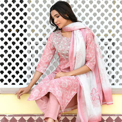 Women Tissue Linen Embroidered Solid Kurta Set With Solid Pants & Printed Dupatta (Set of 5 Pc)