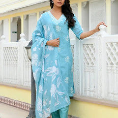 Women kota doria embroidered solid kurta set with solid pants & printed dupatta (Set of 5 Pc)