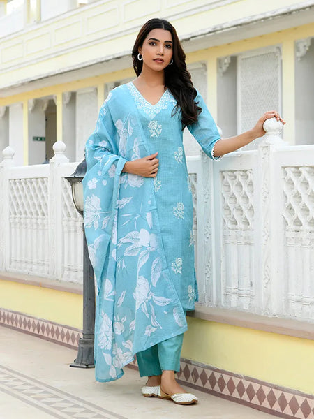 Women kota doria embroidered solid kurta set with solid pants & printed dupatta (Set of 5 Pc)
