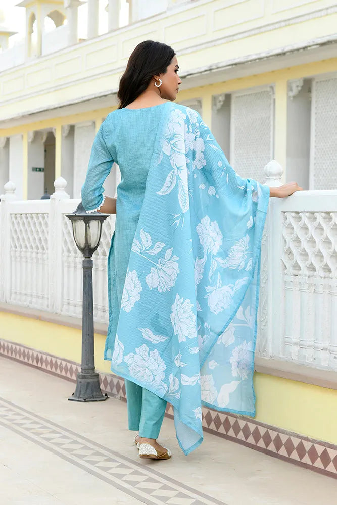 Women kota doria embroidered solid kurta set with solid pants & printed dupatta (Set of 5 Pc)