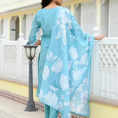 Women kota doria embroidered solid kurta set with solid pants & printed dupatta (Set of 5 Pc)