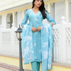 Women kota doria embroidered solid kurta set with solid pants & printed dupatta (Set of 5 Pc)