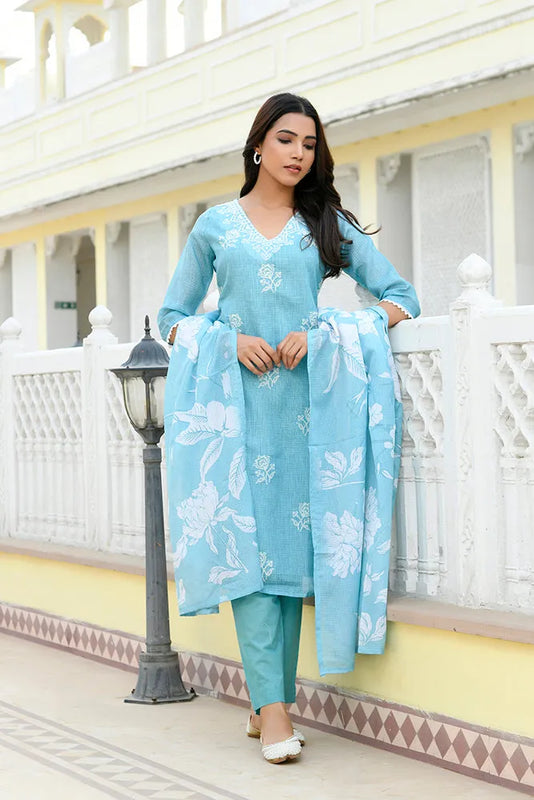Women kota doria embroidered solid kurta set with solid pants & printed dupatta (Set of 5 Pc)