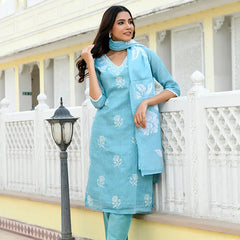 Women kota doria embroidered solid kurta set with solid pants & printed dupatta (Set of 5 Pc)