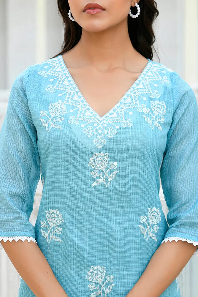Women kota doria embroidered solid kurta set with solid pants & printed dupatta (Set of 5 Pc)