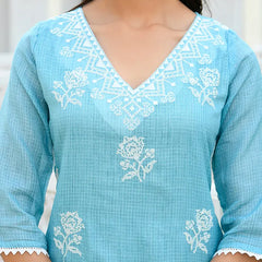 Women kota doria embroidered solid kurta set with solid pants & printed dupatta (Set of 5 Pc)