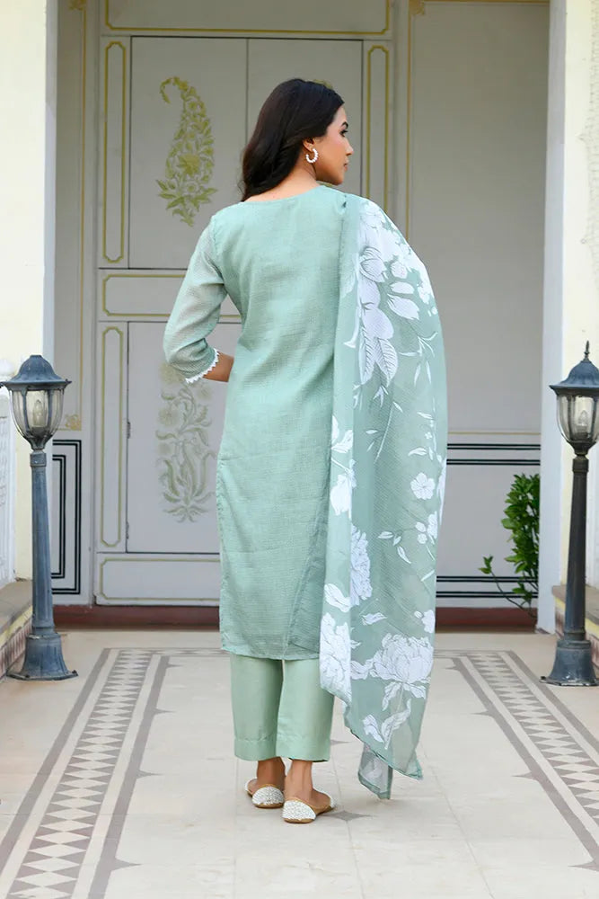 Women kota doria embroidered solid kurta set with solid pants & printed dupatta (Set of 5 Pc)