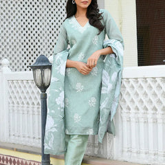 Women kota doria embroidered solid kurta set with solid pants & printed dupatta (Set of 5 Pc)