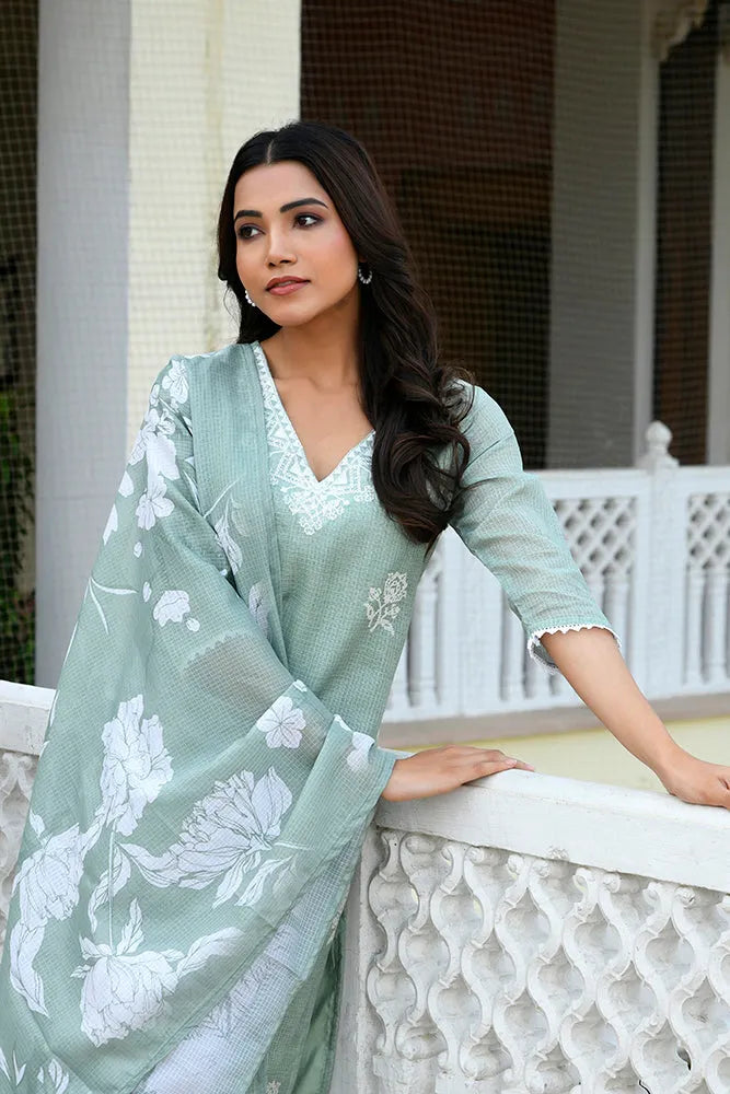 Women kota doria embroidered solid kurta set with solid pants & printed dupatta (Set of 5 Pc)