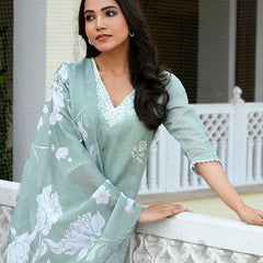 Women kota doria embroidered solid kurta set with solid pants & printed dupatta (Set of 5 Pc)