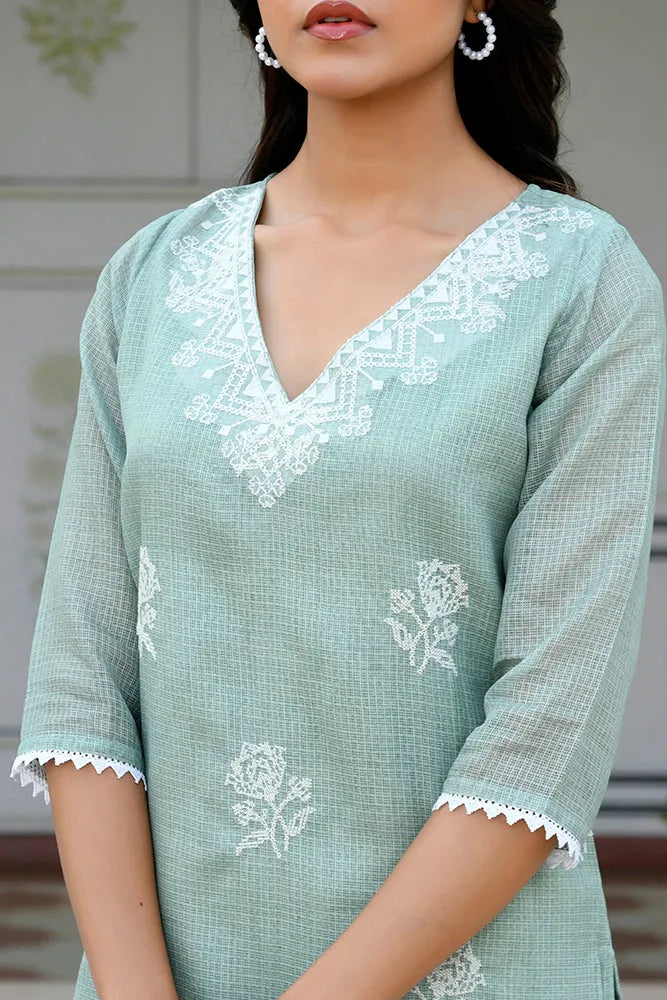 Women kota doria embroidered solid kurta set with solid pants & printed dupatta (Set of 5 Pc)