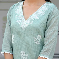 Women kota doria embroidered solid kurta set with solid pants & printed dupatta (Set of 5 Pc)
