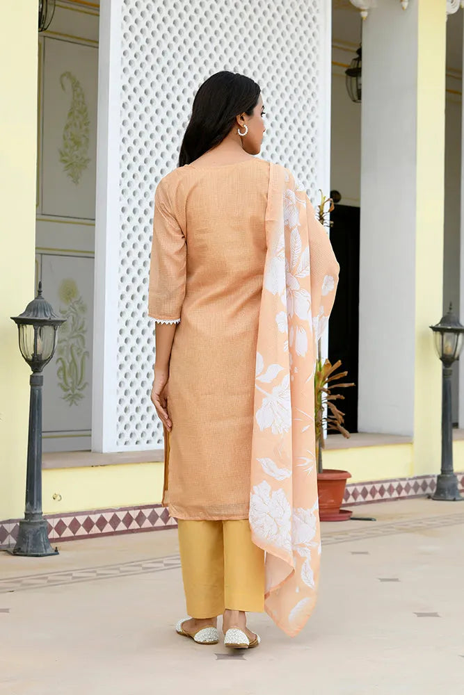 Women kota doria embroidered solid kurta set with solid pants & printed dupatta (Set of 5 Pc)