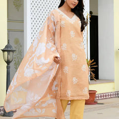 Women kota doria embroidered solid kurta set with solid pants & printed dupatta (Set of 5 Pc)