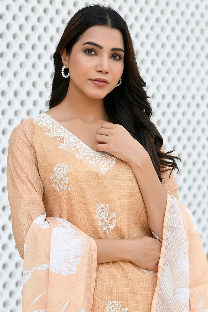 Women kota doria embroidered solid kurta set with solid pants & printed dupatta (Set of 5 Pc)