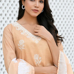 Women kota doria embroidered solid kurta set with solid pants & printed dupatta (Set of 5 Pc)