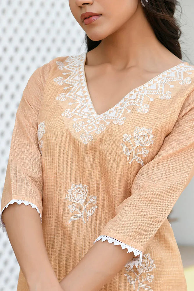 Women kota doria embroidered solid kurta set with solid pants & printed dupatta (Set of 5 Pc)