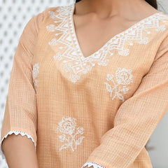 Women kota doria embroidered solid kurta set with solid pants & printed dupatta (Set of 5 Pc)