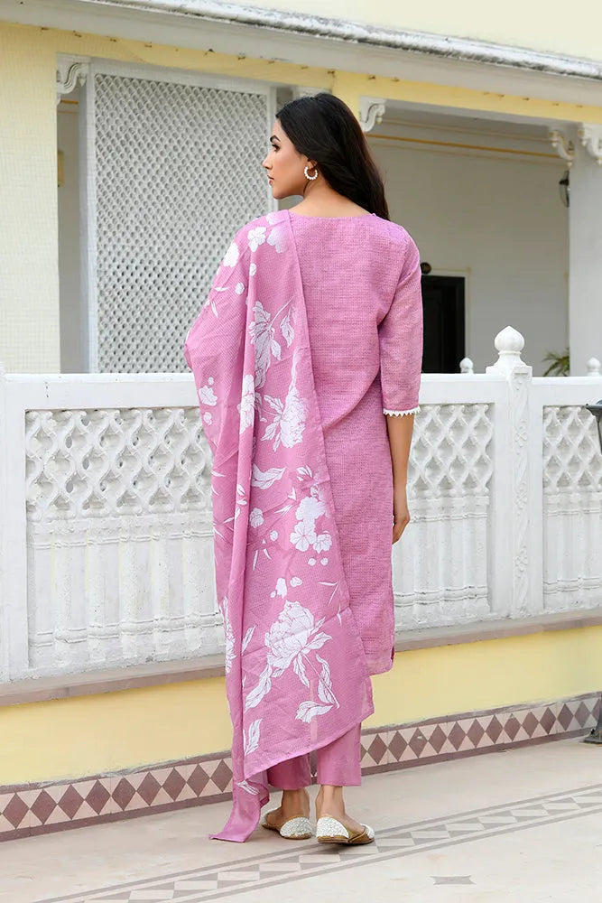 Women kota doria embroidered solid kurta set with solid pants & printed dupatta (Set of 5 Pc)