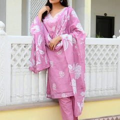 Women kota doria embroidered solid kurta set with solid pants & printed dupatta (Set of 5 Pc)