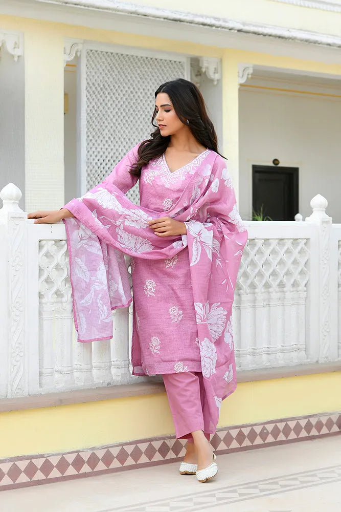 Women kota doria embroidered solid kurta set with solid pants & printed dupatta (Set of 5 Pc)
