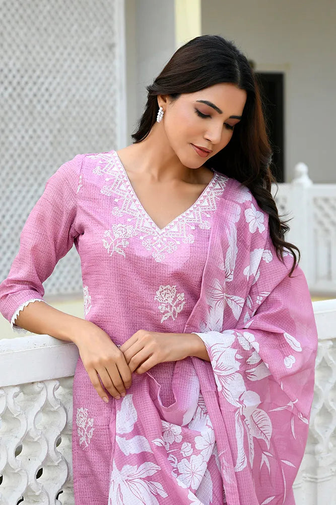 Women kota doria embroidered solid kurta set with solid pants & printed dupatta (Set of 5 Pc)